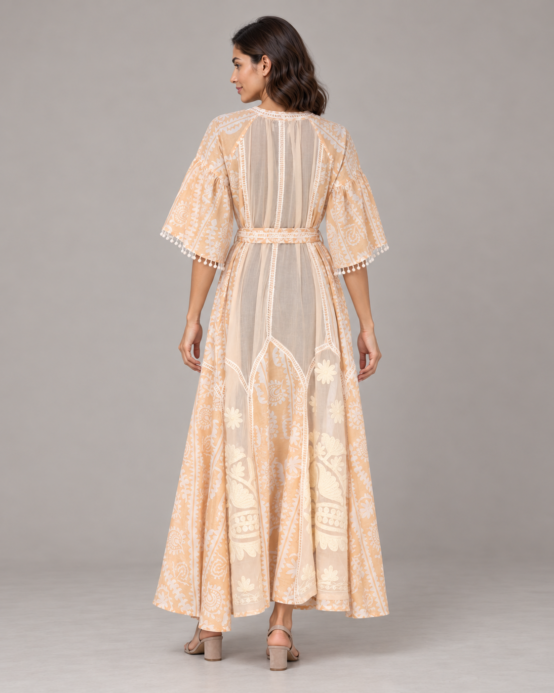 Floral Embroidered Nancy Maxi Dress with Bell Sleeves & Belt | ibBan