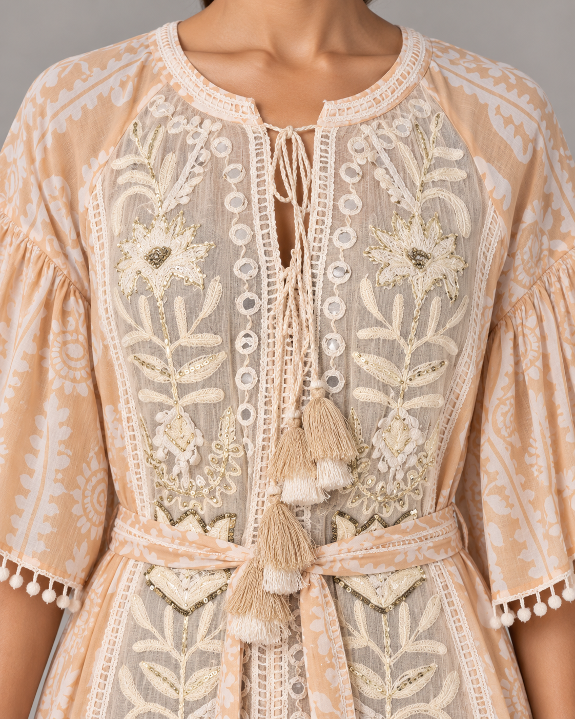 Floral Embroidered Nancy Maxi Dress with Bell Sleeves & Belt | ibBan