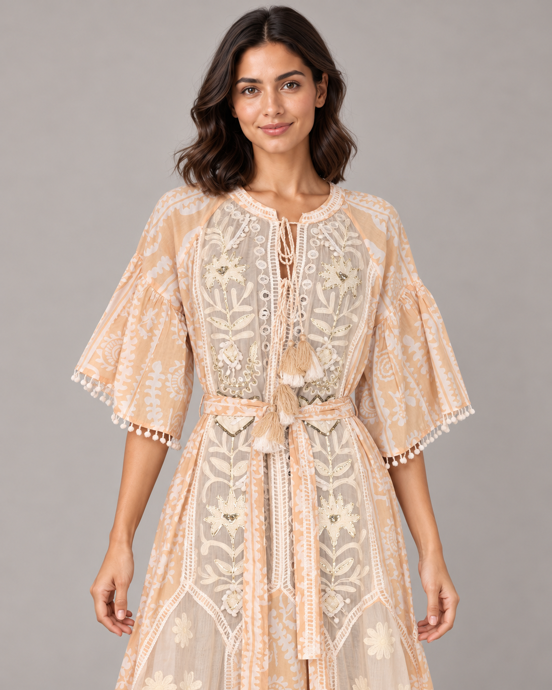 Floral Embroidered Nancy Maxi Dress with Bell Sleeves & Belt | ibBan