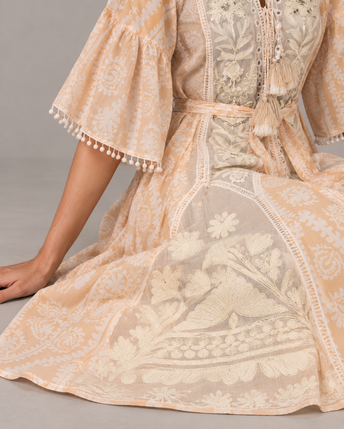 Floral Embroidered Nancy Maxi Dress with Bell Sleeves & Belt | ibBan