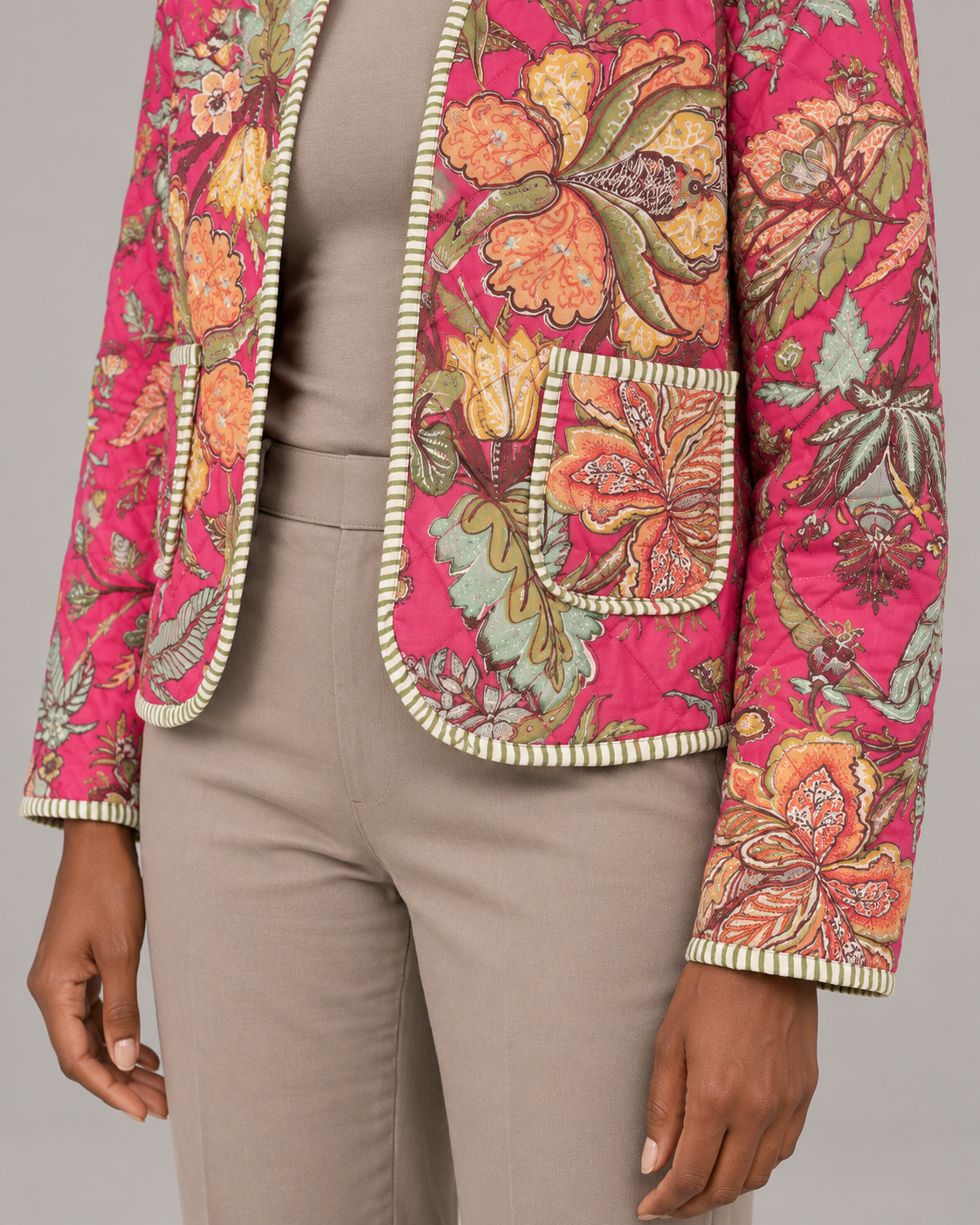Dahlia Pink Floral Quilted Jacket with Striped Trim | ibBan