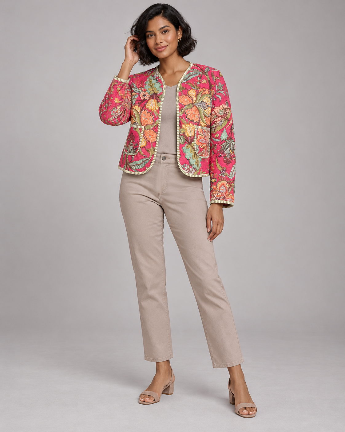 Dahlia Pink Floral Quilted Jacket with Striped Trim | ibBan