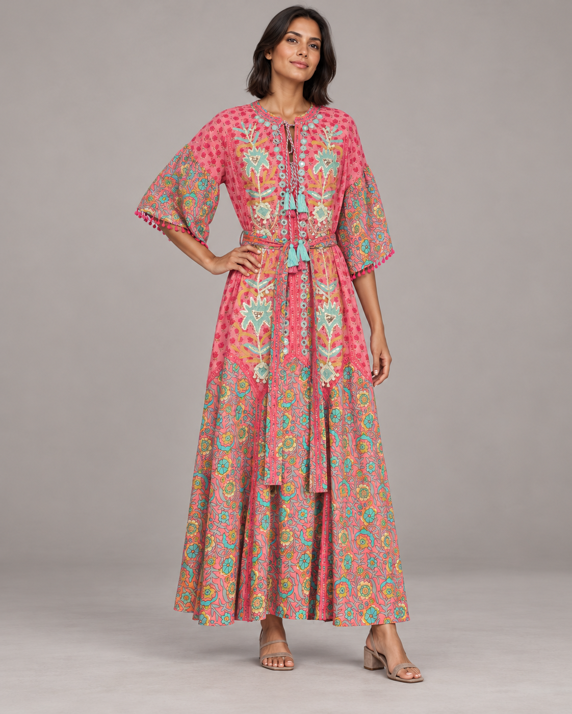 Tiya Floral Embroidered Maxi Dress with Bell Sleeves | ibBan