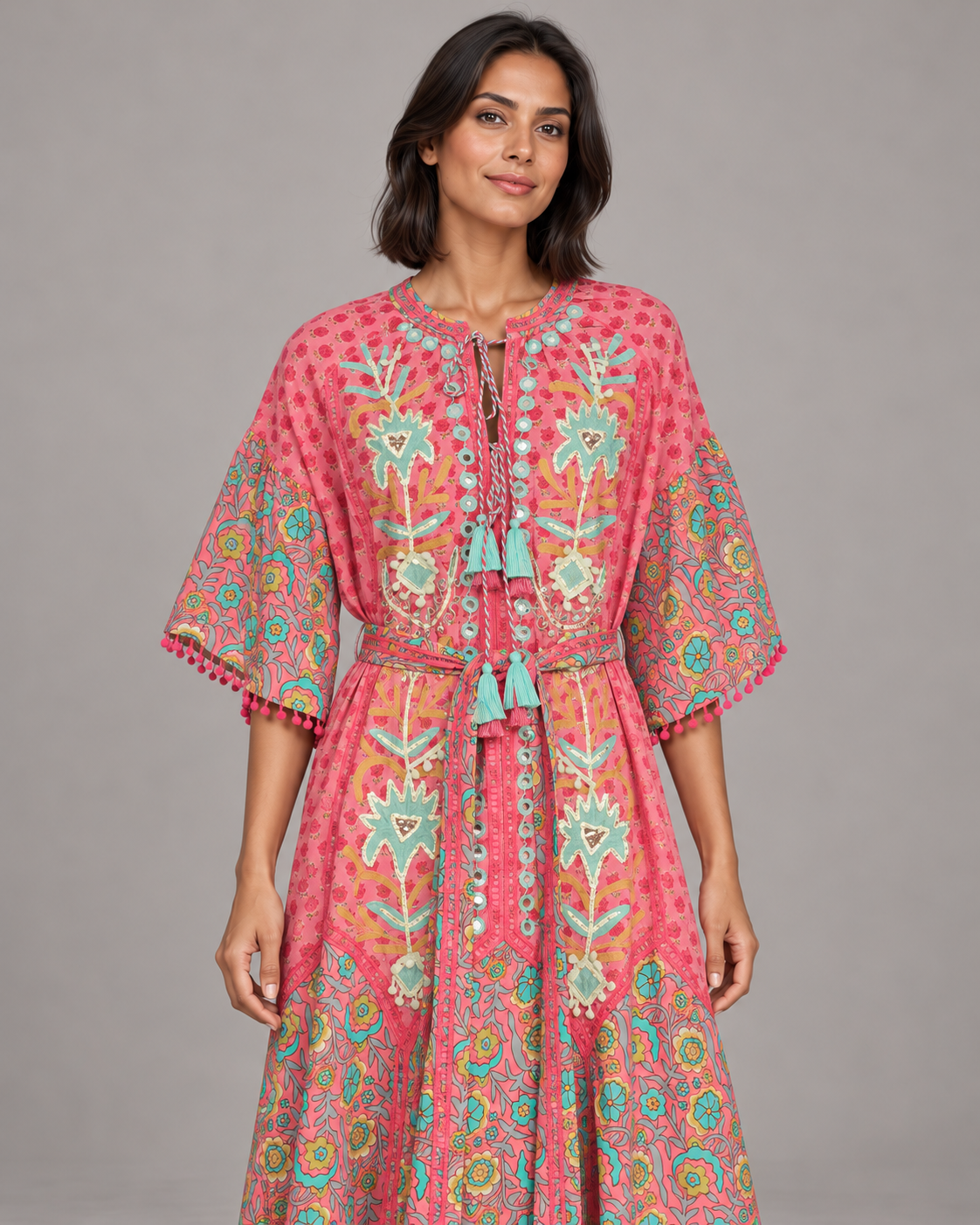 Tiya Floral Embroidered Maxi Dress with Bell Sleeves | ibBan