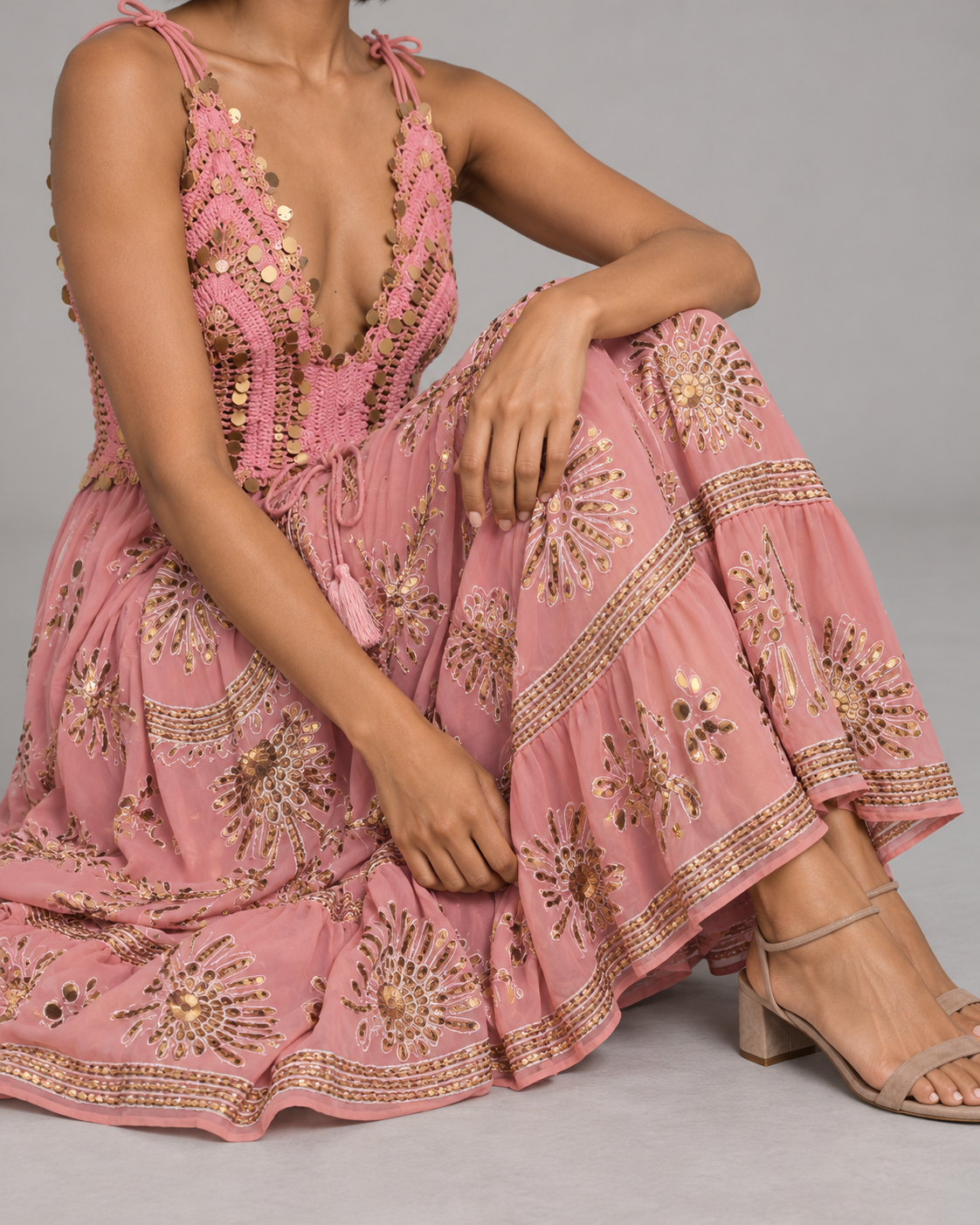 Yara Aqua Strap Dress with Crochet Bodice & Gold Details | ibBan
