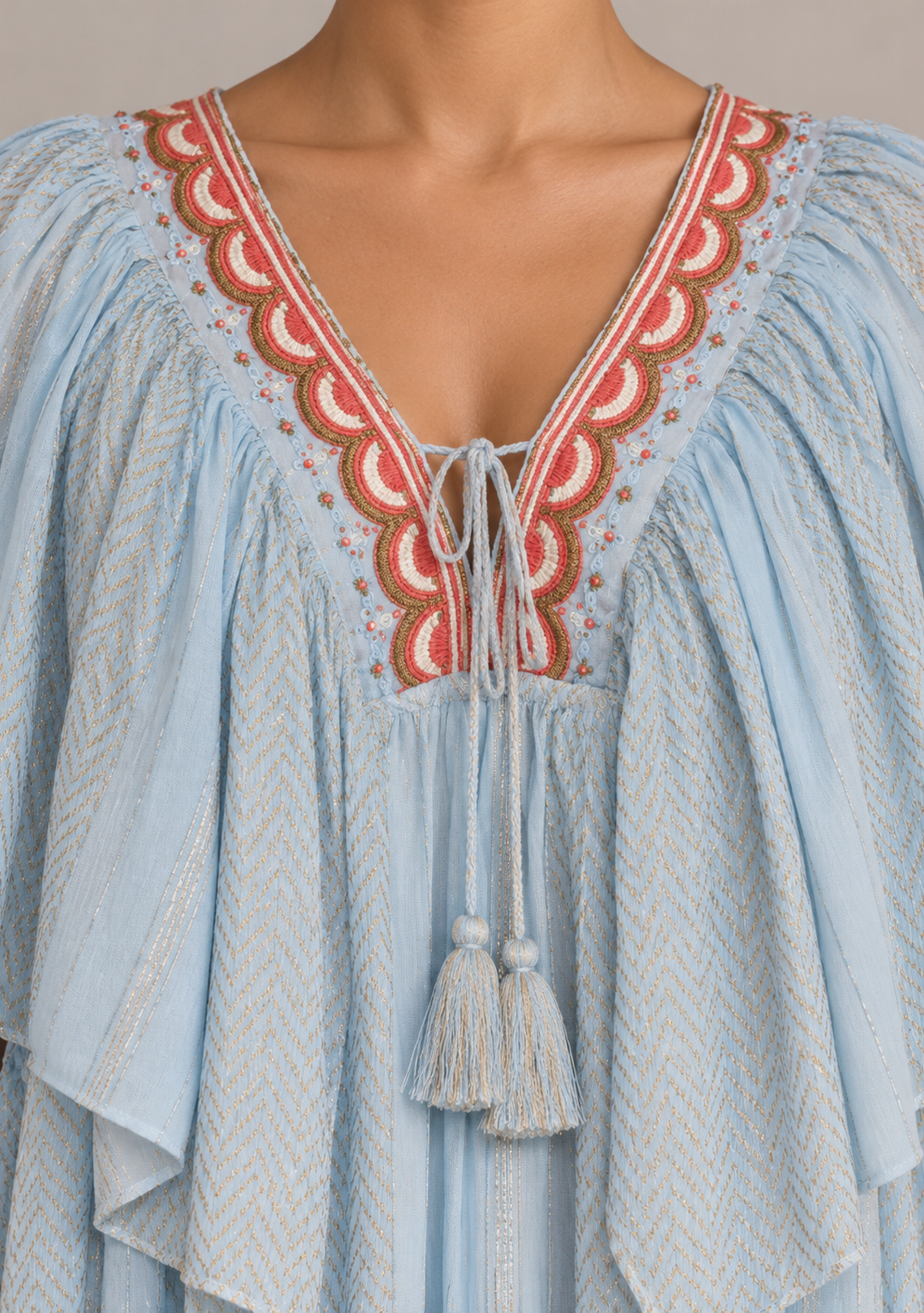 Powder Blue Tiered Safeena Maxi Dress with Flutter Sleeves | ibBan