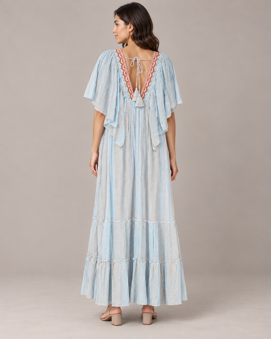 Powder Blue Tiered Safeena Maxi Dress with Flutter Sleeves | ibBan
