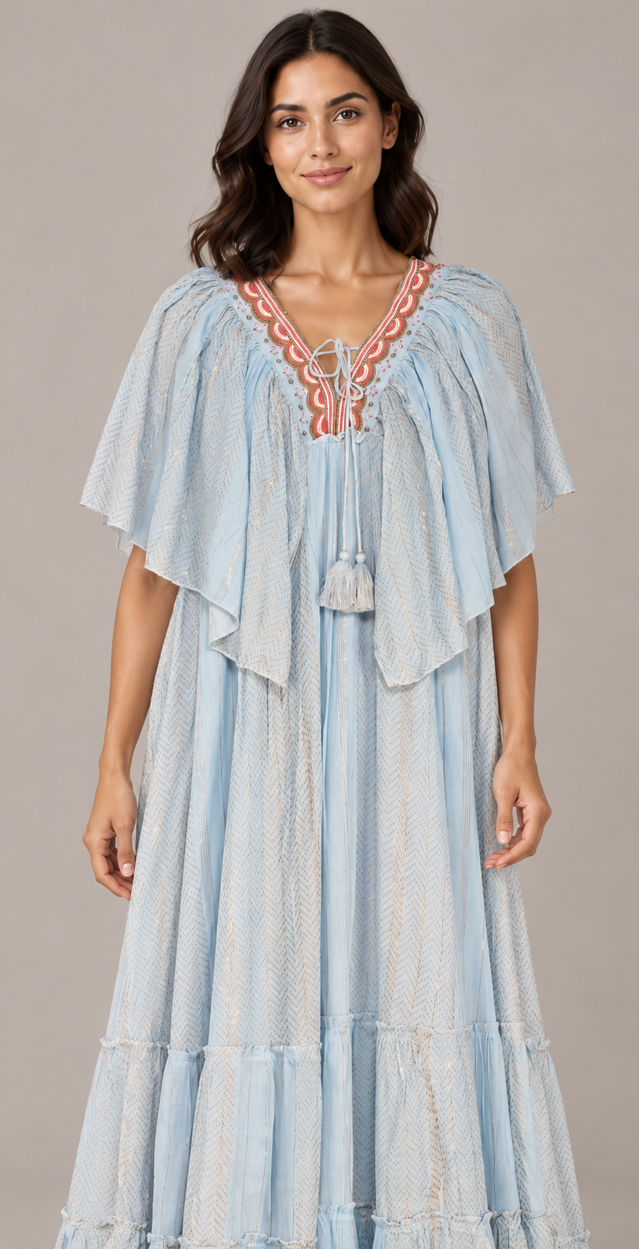 Powder Blue Tiered Safeena Maxi Dress with Flutter Sleeves | ibBan