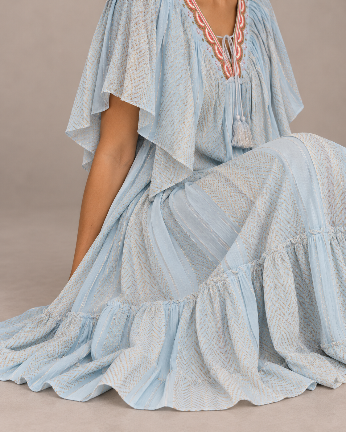 Powder Blue Tiered Safeena Maxi Dress with Flutter Sleeves | ibBan ...