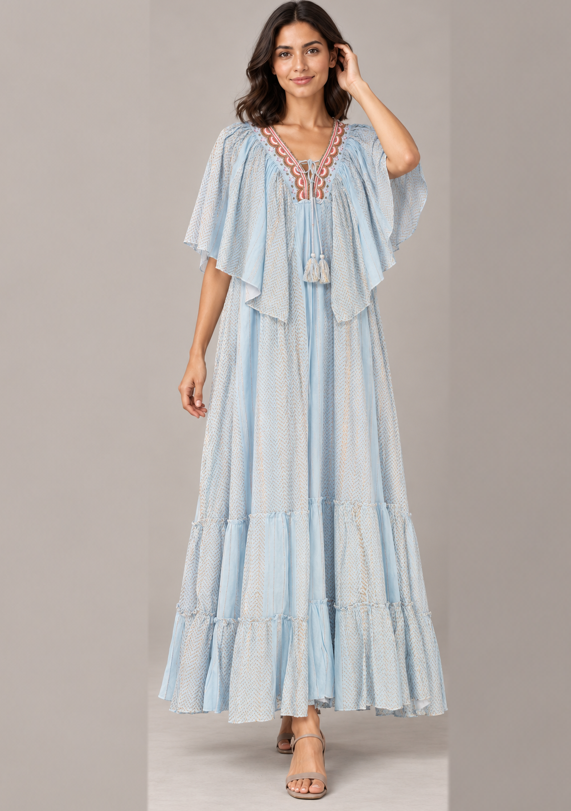 Powder Blue Tiered Safeena Maxi Dress with Flutter Sleeves | ibBan