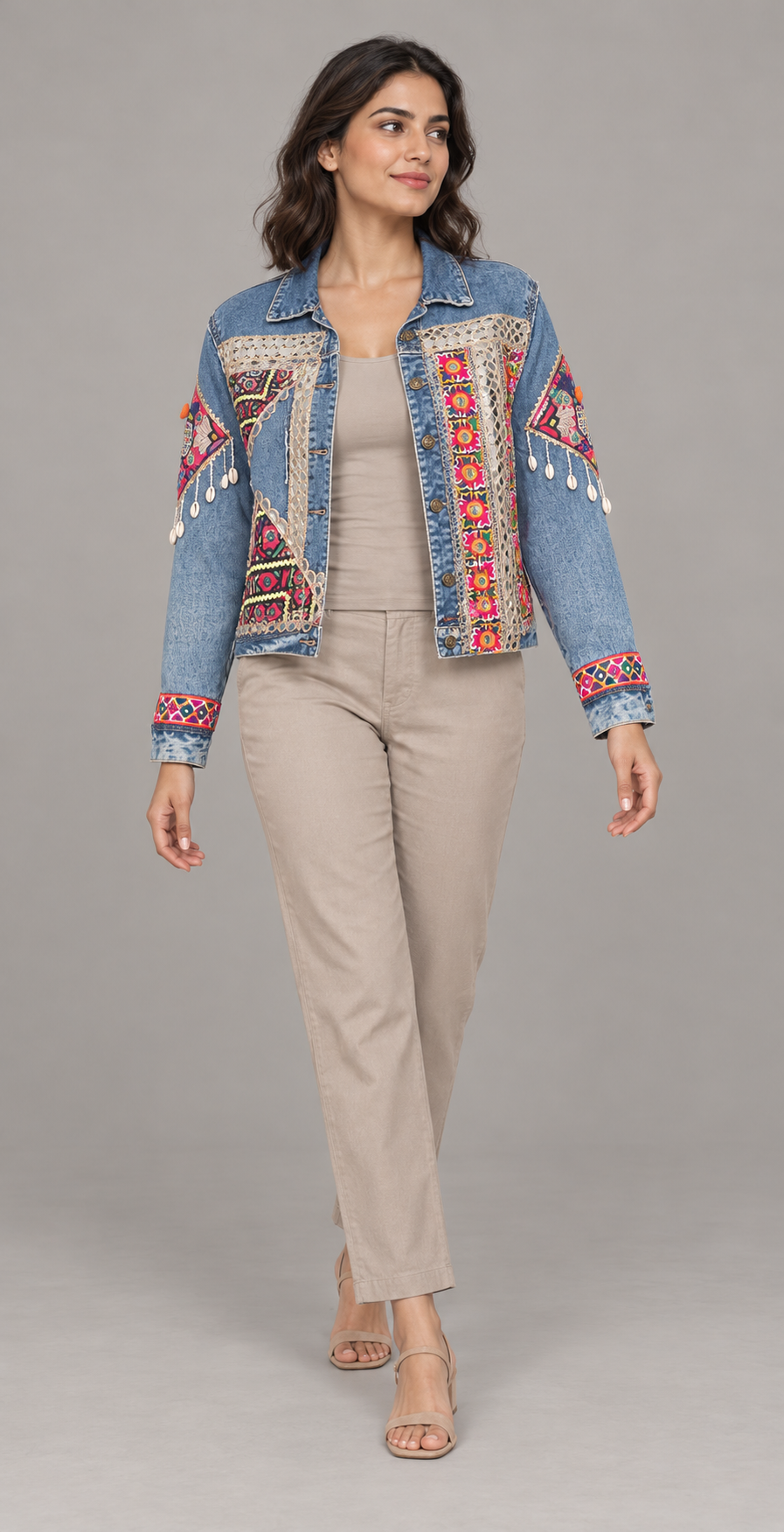 Phulwari Blue Embroidered Denim Jacket with Shell Trim | ibBan