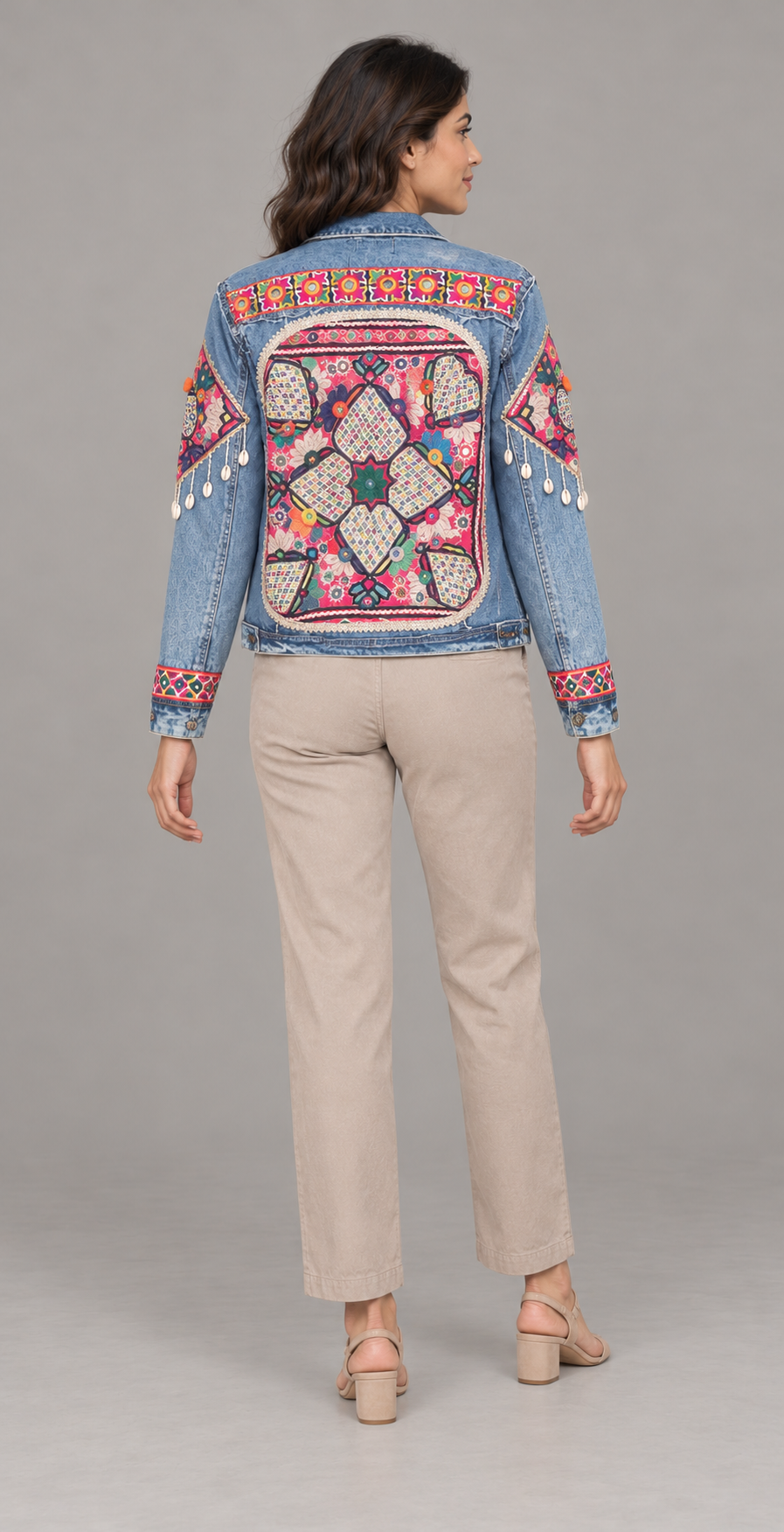 Phulwari Blue Embroidered Denim Jacket with Shell Trim | ibBan