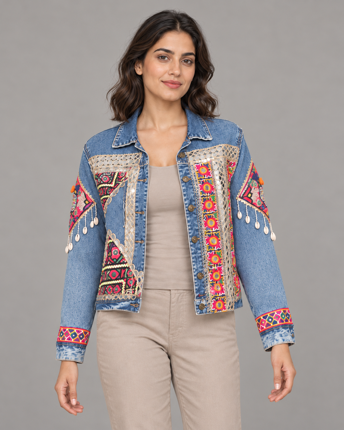 Phulwari Blue Embroidered Denim Jacket with Shell Trim | ibBan