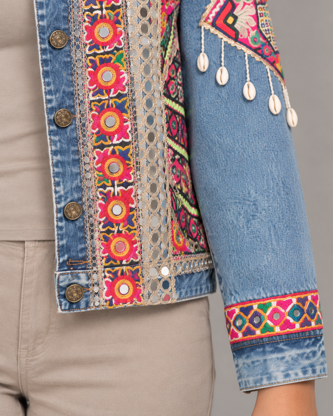 Phulwari Blue Embroidered Denim Jacket with Shell Trim | ibBan