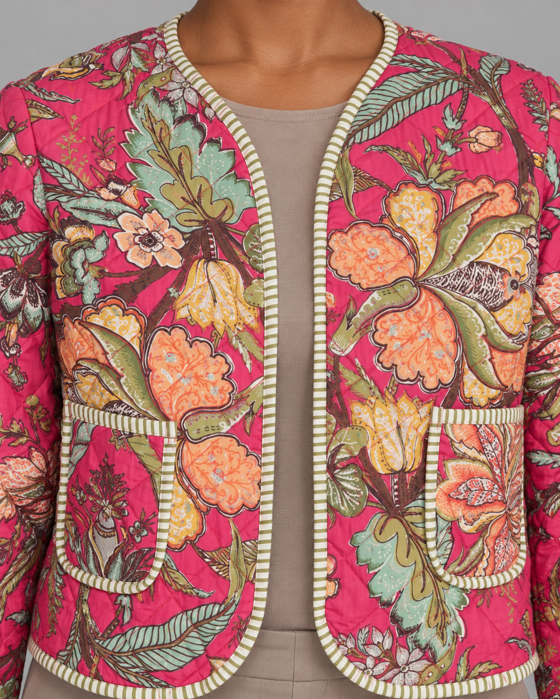 Dahlia Pink Floral Quilted Jacket with Striped Trim | ibBan