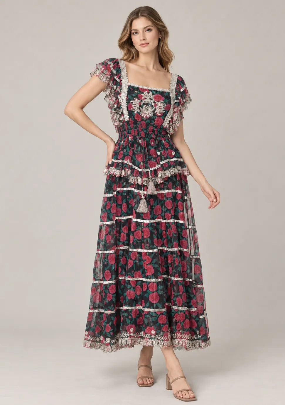Floral Hand-Embroidered Cotton Georgette Long Dress -Kausar