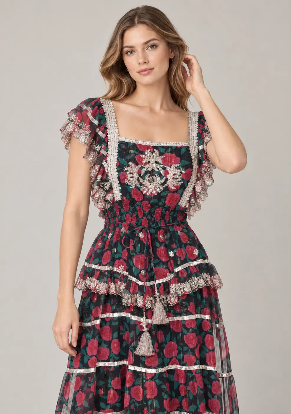 Floral Hand-Embroidered Cotton Georgette Long Dress -Kausar