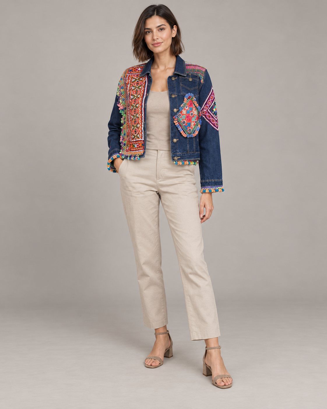 Rangraas Blue Embroidered Denim Jacket with Pom-Poms | ibBan