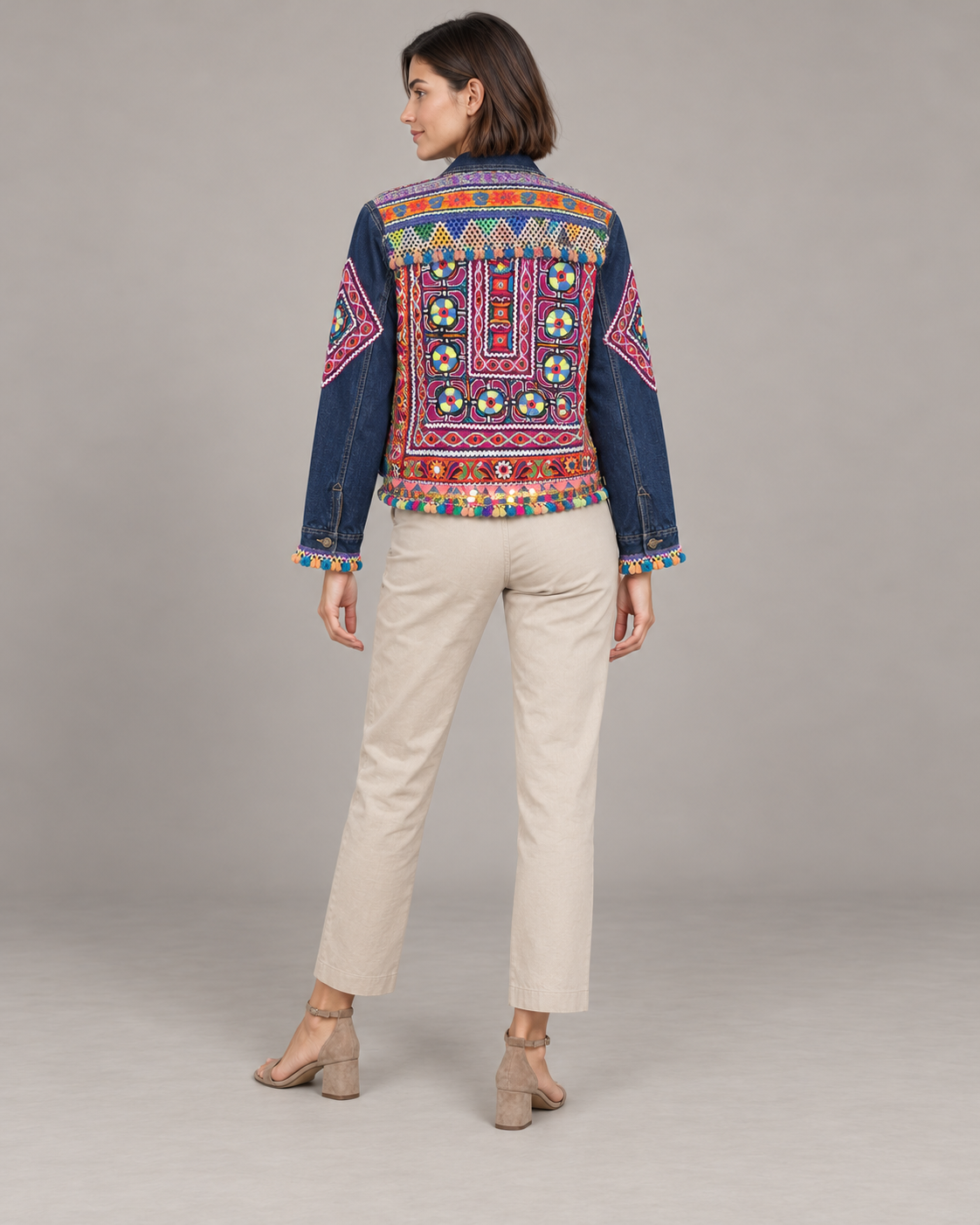 Rangraas Blue Embroidered Denim Jacket with Pom-Poms | ibBan