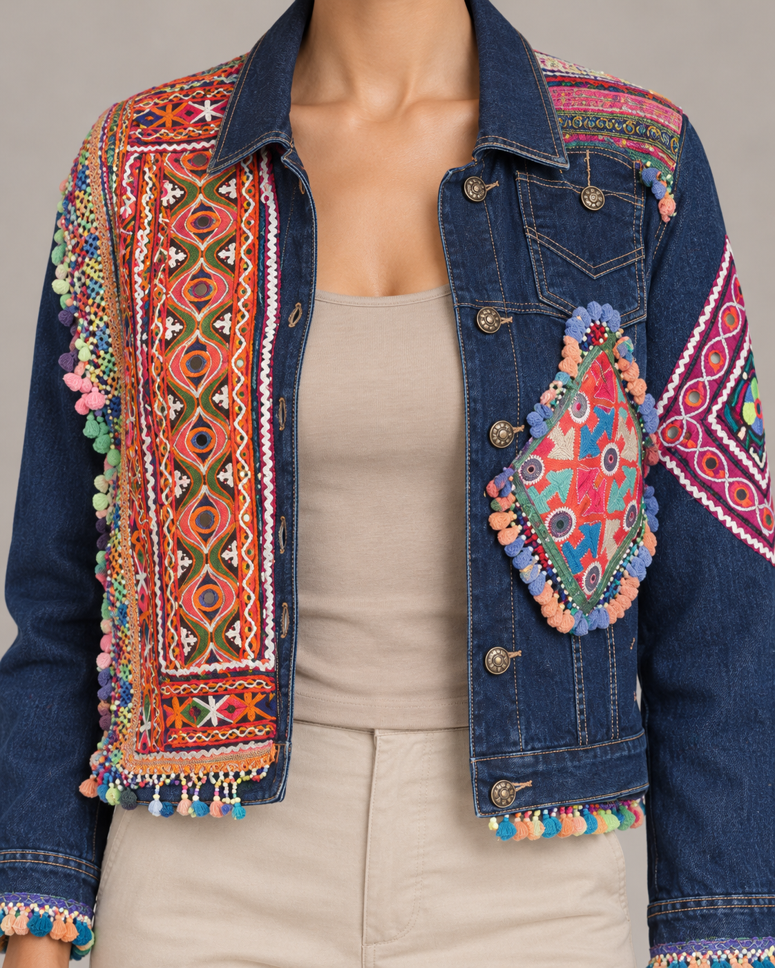 Rangraas Blue Embroidered Denim Jacket with Pom-Poms | ibBan