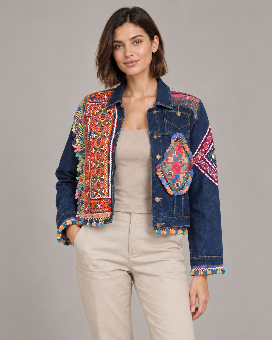 Rangraas Blue Embroidered Denim Jacket with Pom-Poms | ibBan
