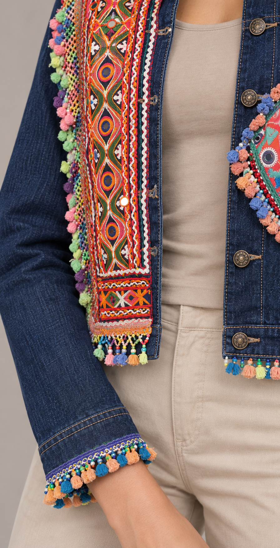 Rangraas Blue Embroidered Denim Jacket with Pom-Poms | ibBan
