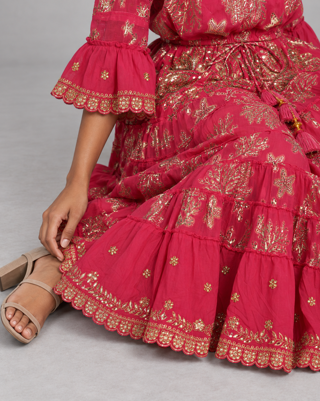Lurex Skirt Blouse Set with Off-Shoulder Ruffles & Metallic Embroidery | ibBan