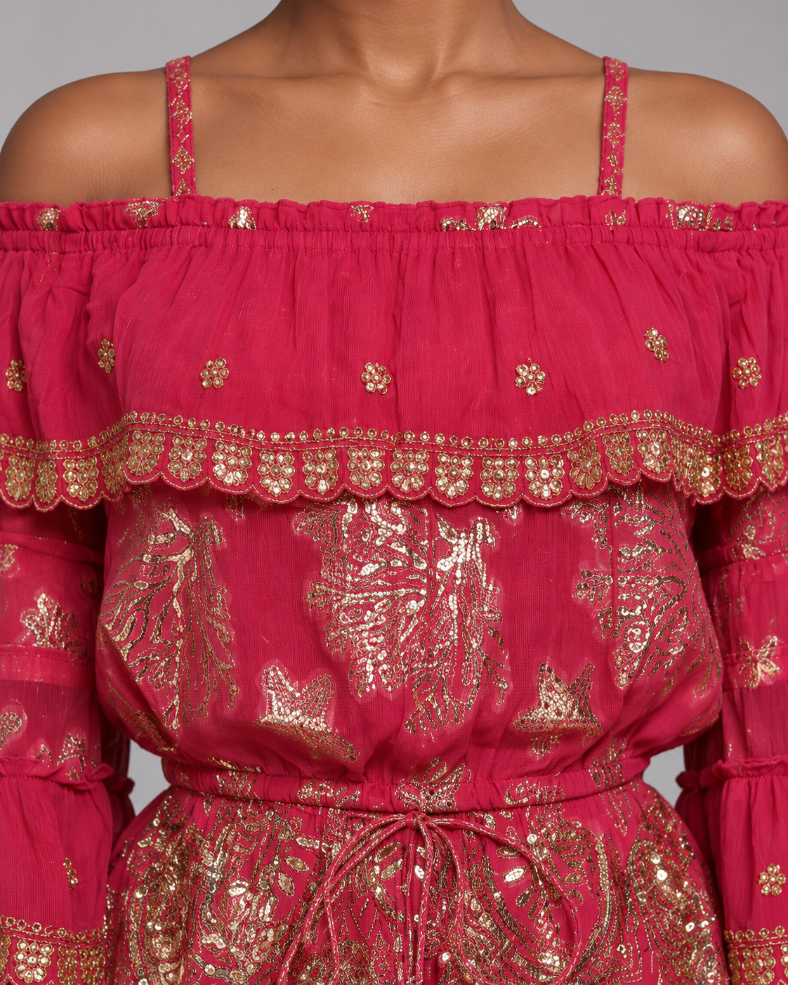 Lurex Skirt Blouse Set with Off-Shoulder Ruffles & Metallic Embroidery | ibBan