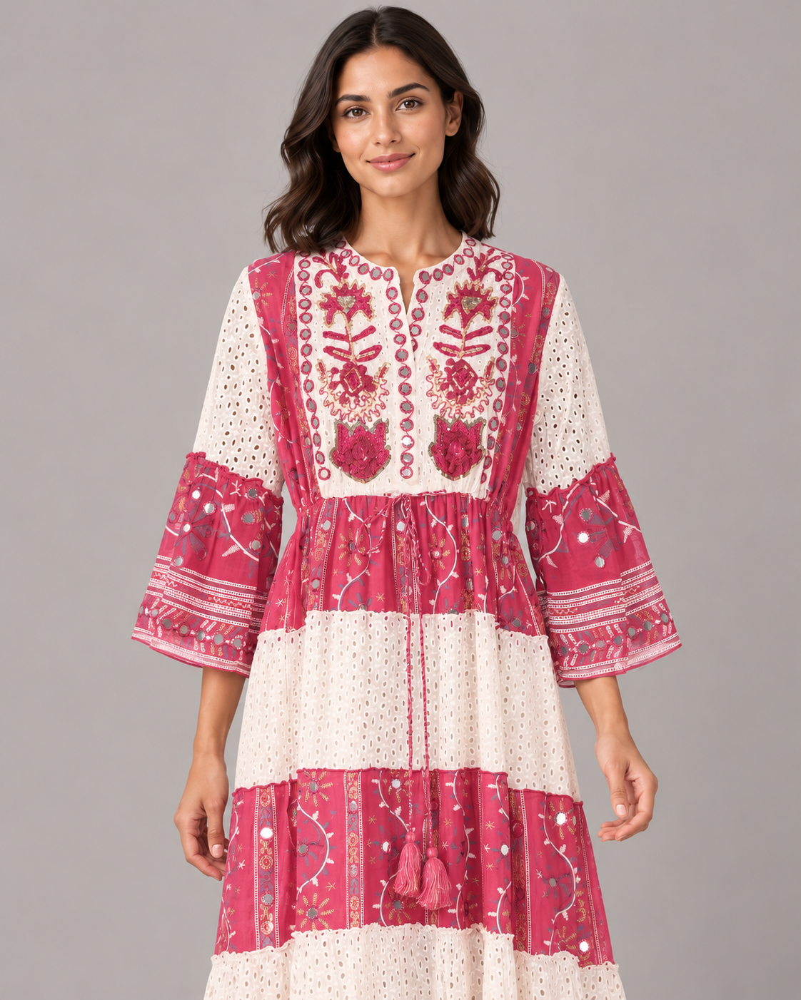 Embroidered Eyelet Mansi Long Tunic with Bell Sleeves | ibBan