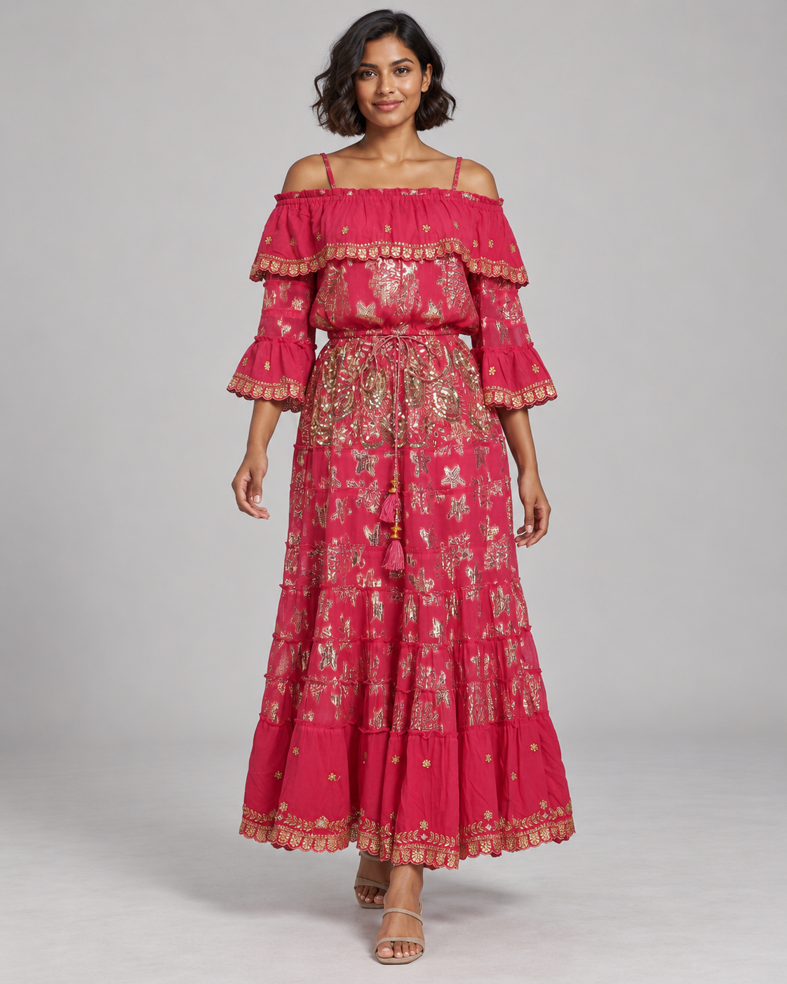 Lurex Skirt Blouse Set with Off-Shoulder Ruffles & Metallic Embroidery | ibBan