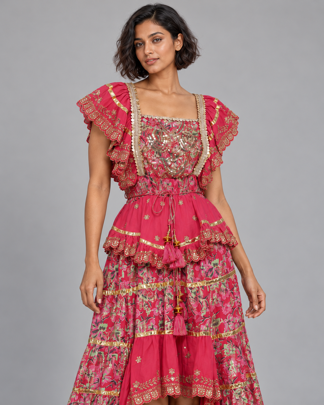 Gulab Long Dress with Floral Print & Metallic Embroidery | ibBan
