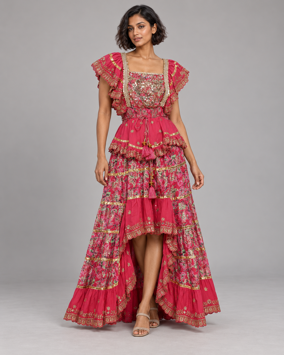 Gulab Floral Skirt Blouse Set with Ruffles & High-Low Hem | ibBan