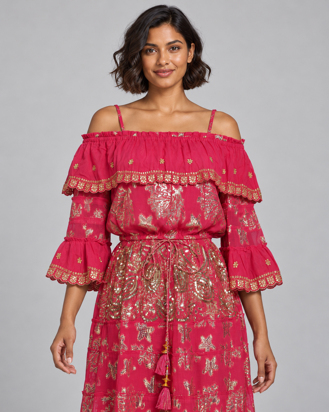 Lurex Skirt Blouse Set with Off-Shoulder Ruffles & Metallic Embroidery | ibBan