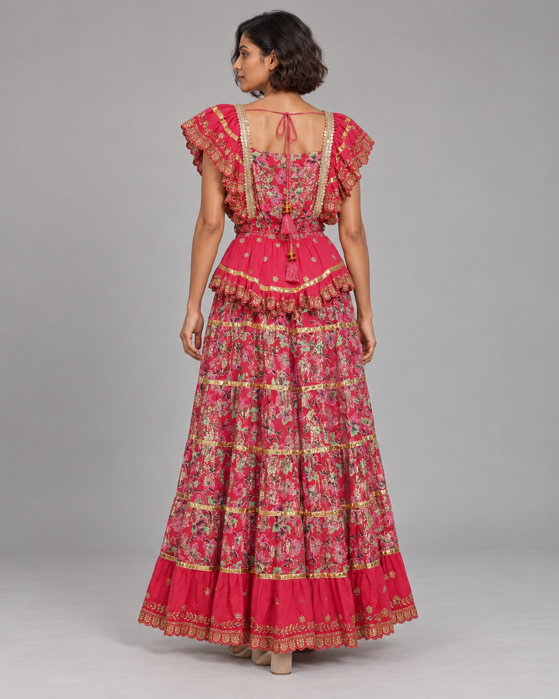 Gulab Floral Skirt Blouse Set with Ruffles & High-Low Hem | ibBan