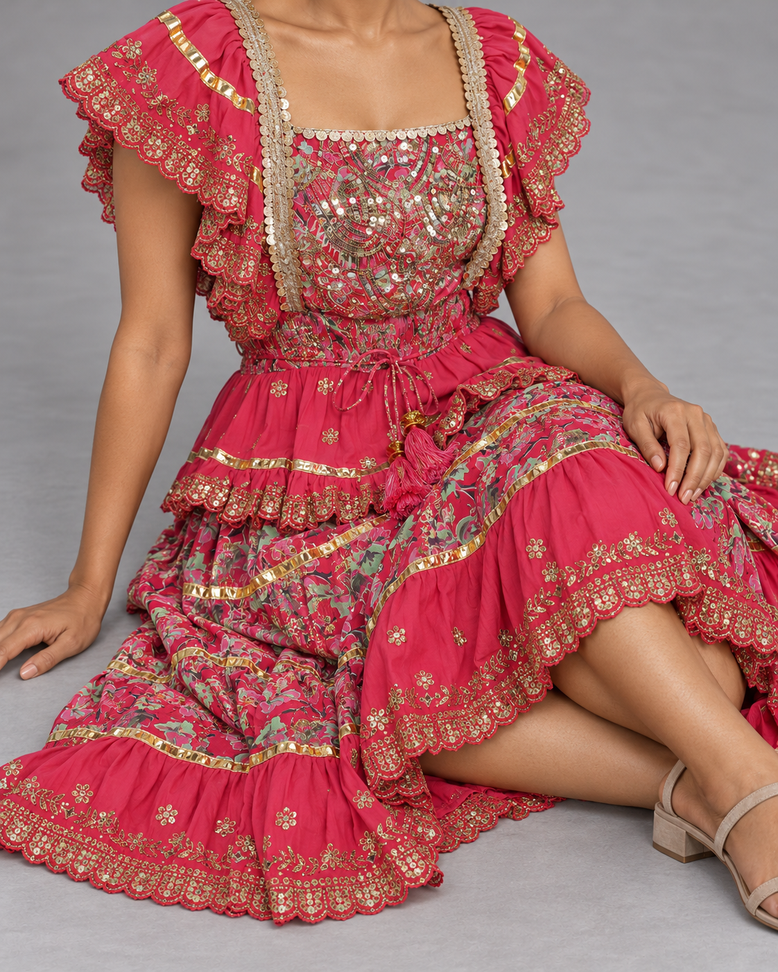 Gulab Floral Skirt Blouse Set with Ruffles & High-Low Hem | ibBan