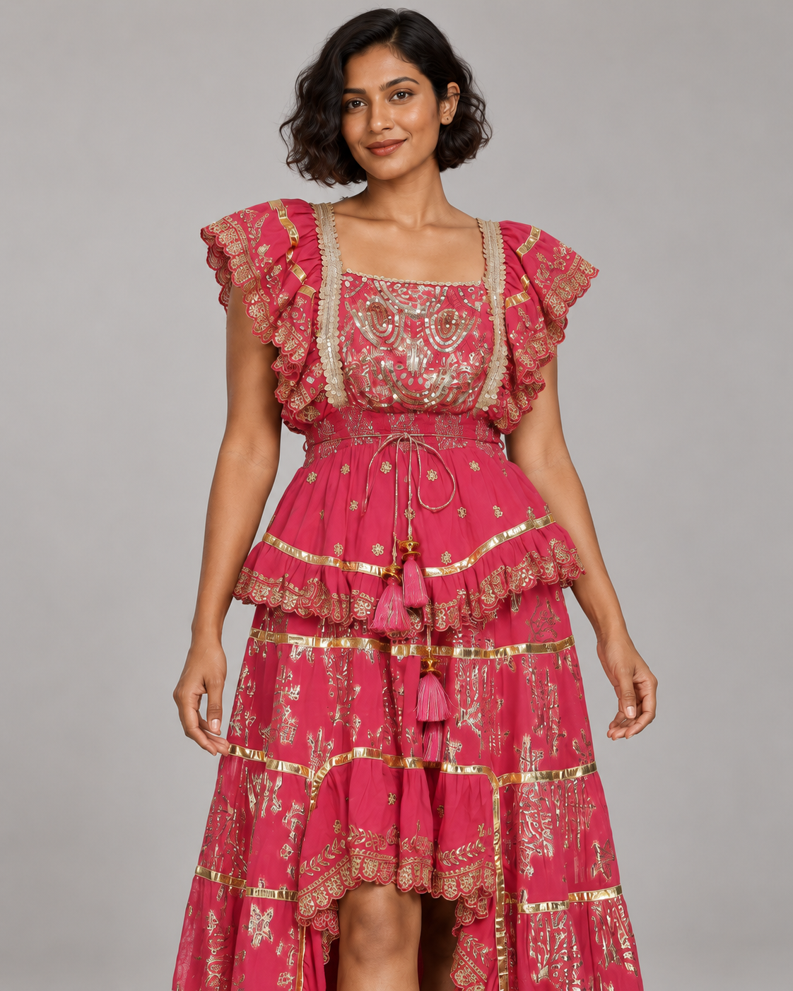 Lurex Skirt Blouse Set with Metallic Embroidery & Ruffles | ibBan