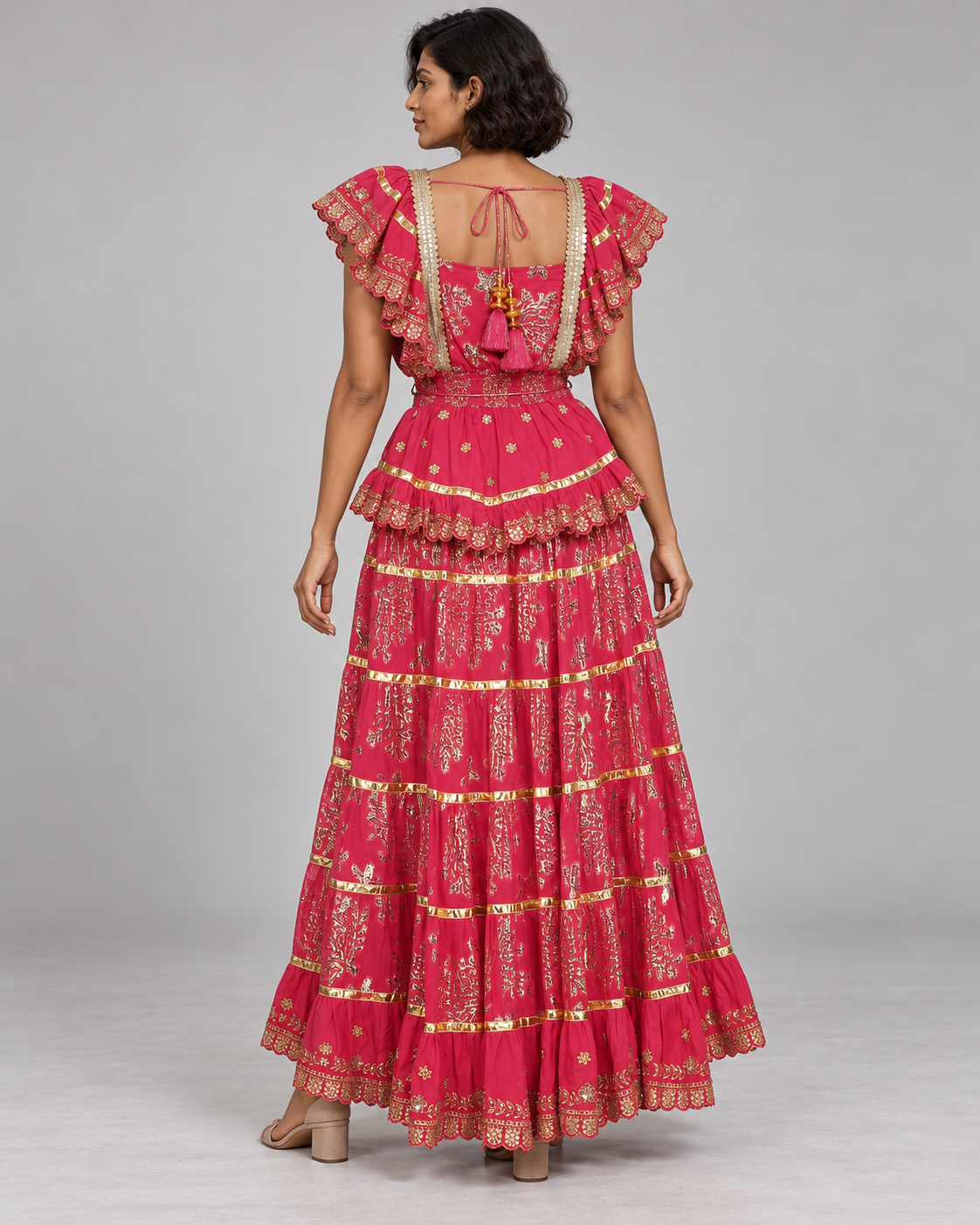 Lurex Skirt Blouse Set with Metallic Embroidery & Ruffles | ibBan