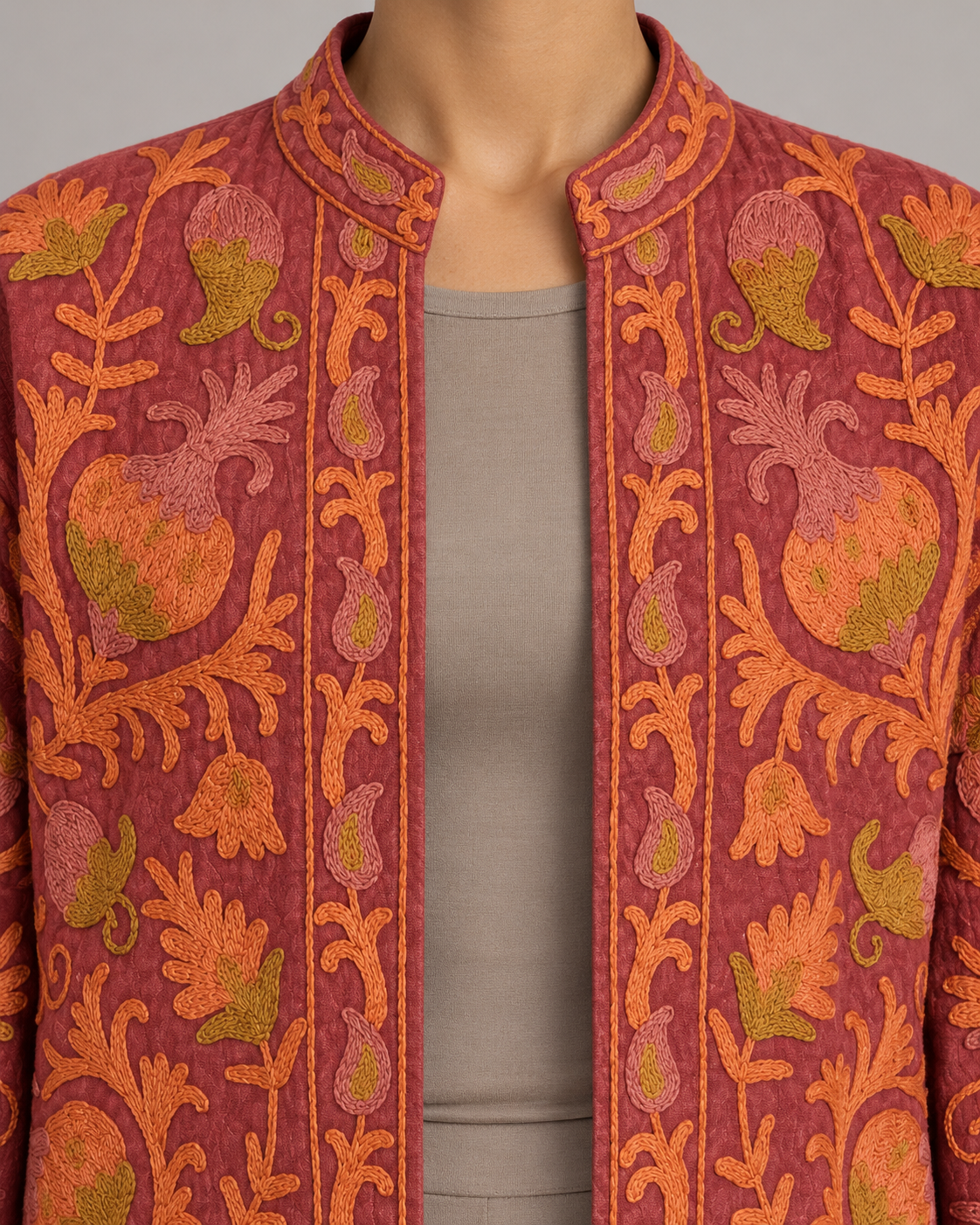 Kesar Rust Floral Embroidered Jacket with Stand Collar | ibBan