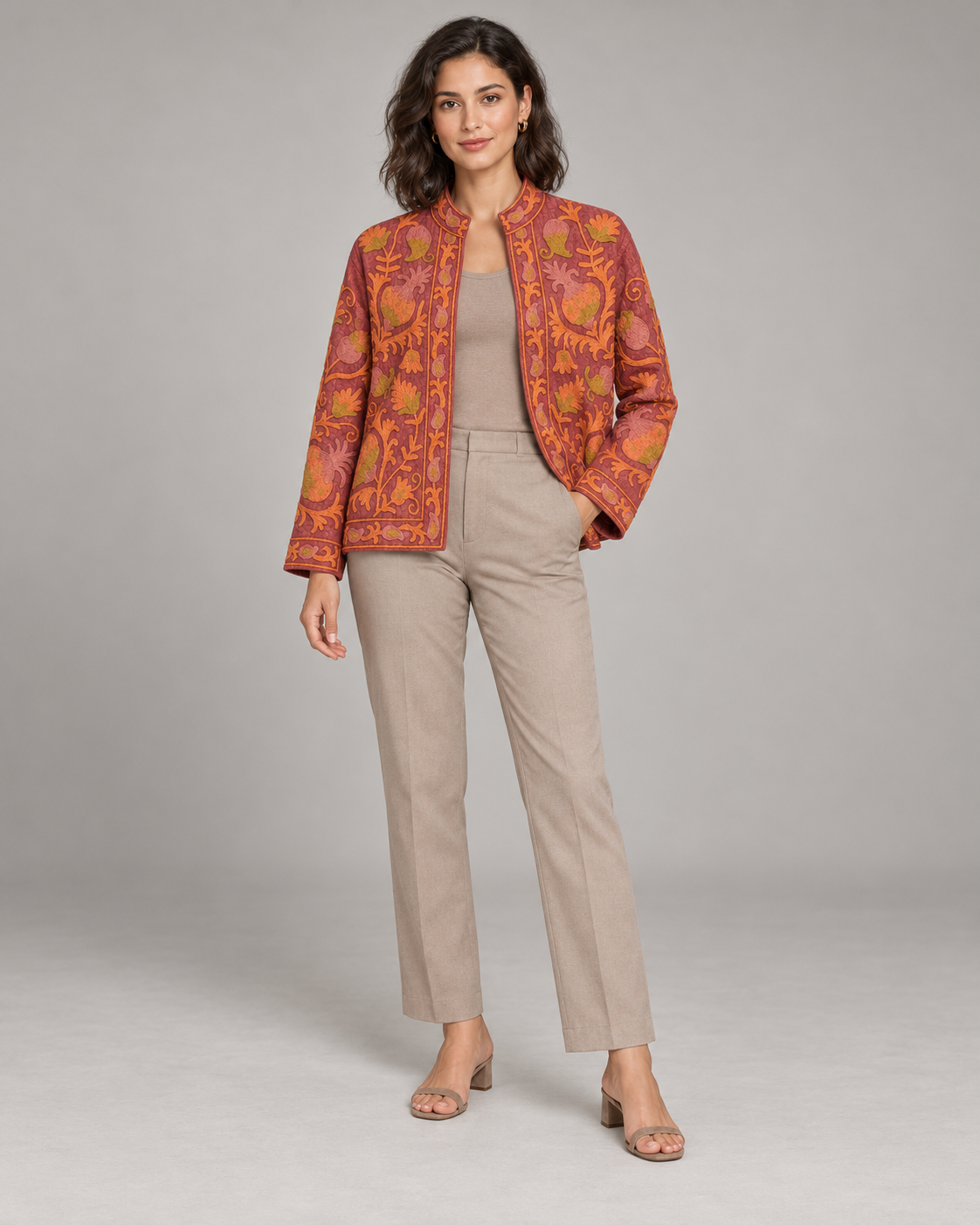 Kesar Rust Floral Embroidered Jacket with Stand Collar | ibBan