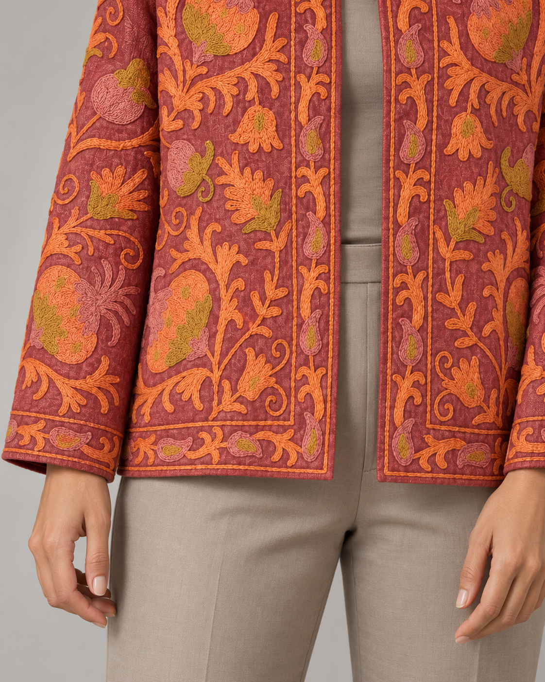 Kesar Rust Floral Embroidered Jacket with Stand Collar | ibBan