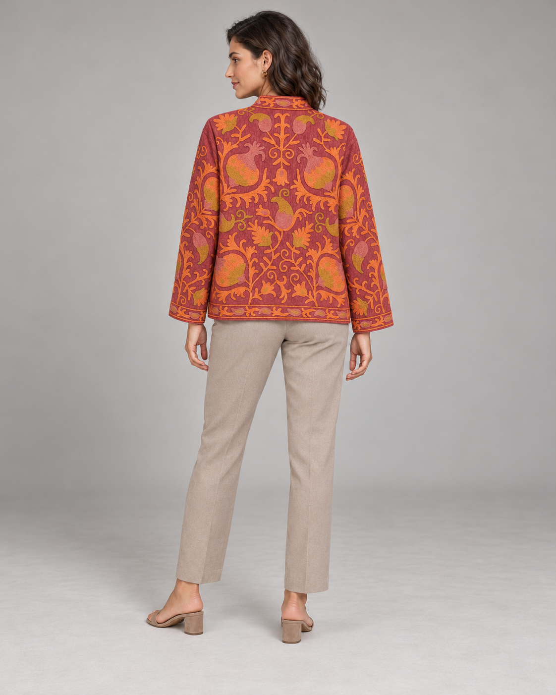Kesar Rust Floral Embroidered Jacket with Stand Collar | ibBan