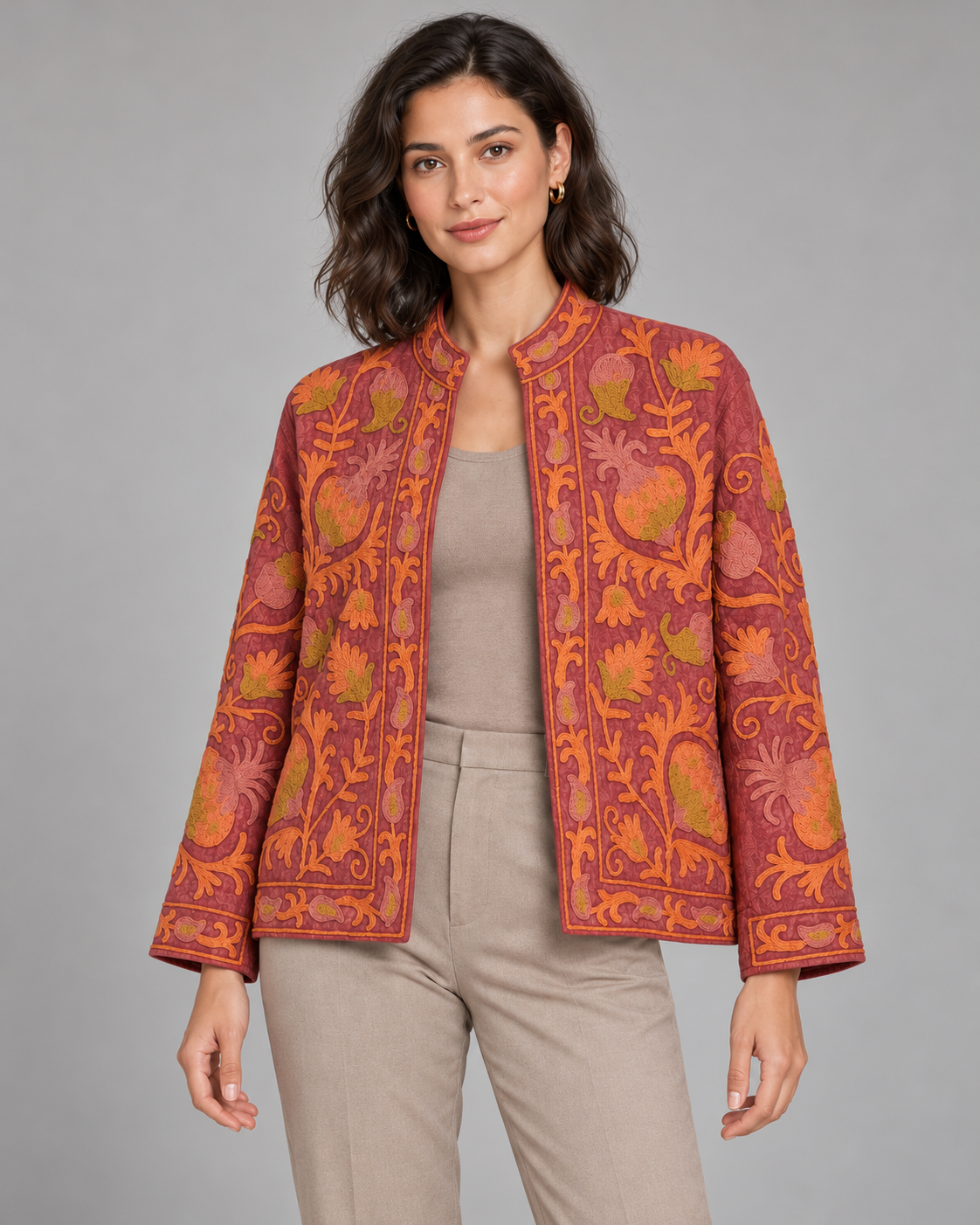 Kesar Rust Floral Embroidered Jacket with Stand Collar | ibBan