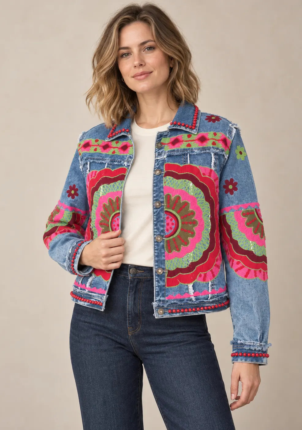 Women’s Denim Jacket with Floral Hand-Embroidered  - Sara