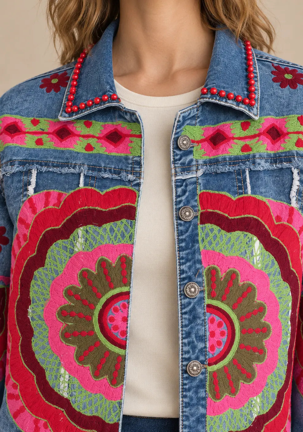Women’s Denim Jacket with Floral Hand-Embroidered  - Sara
