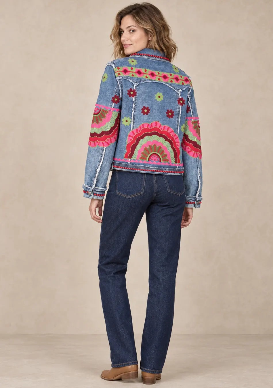 Women’s Denim Jacket with Floral Hand-Embroidered  - Sara