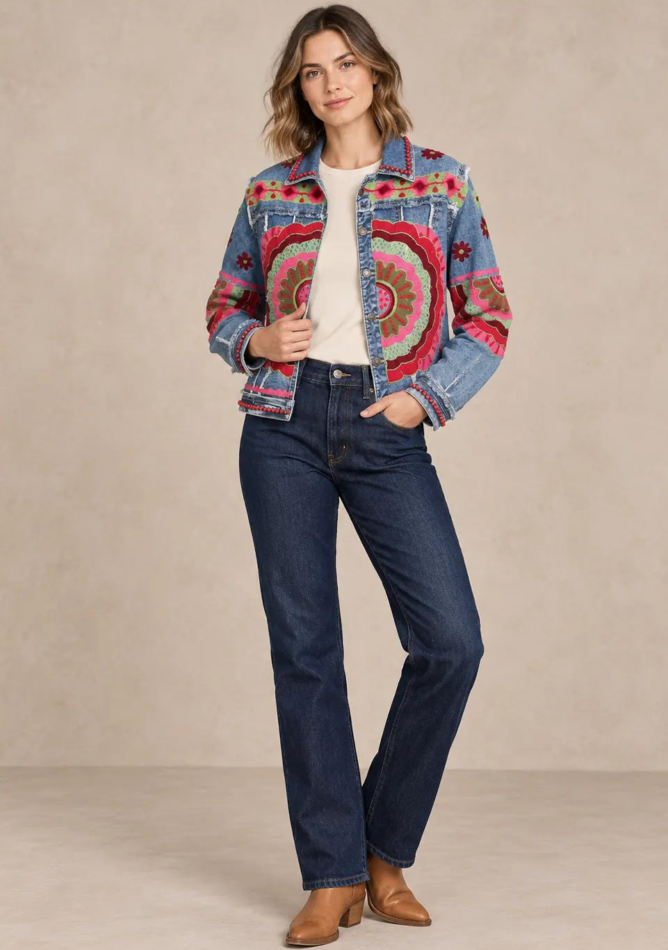 Women’s Denim Jacket with Floral Hand-Embroidered  - Sara