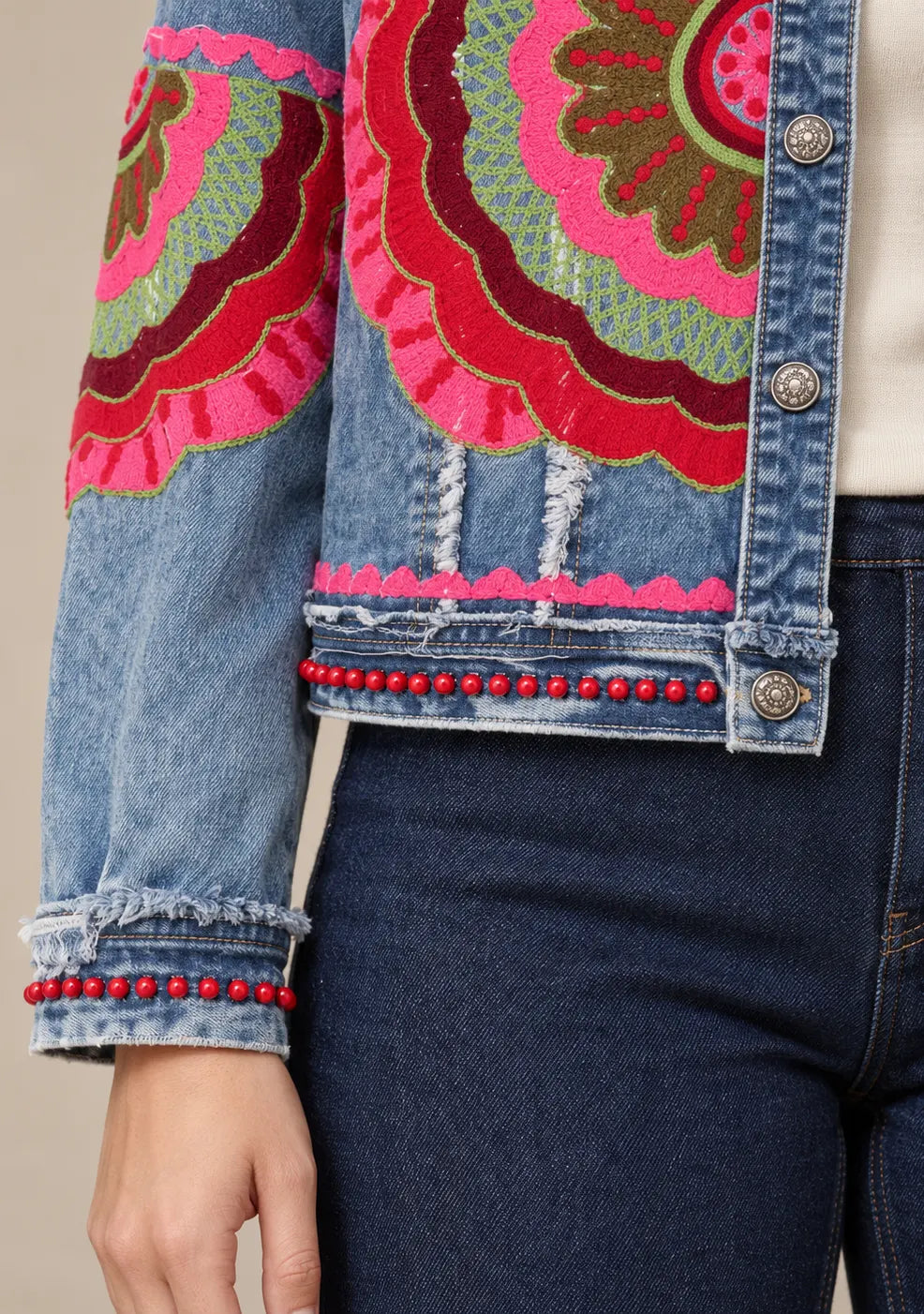 Women’s Denim Jacket with Floral Hand-Embroidered  - Sara