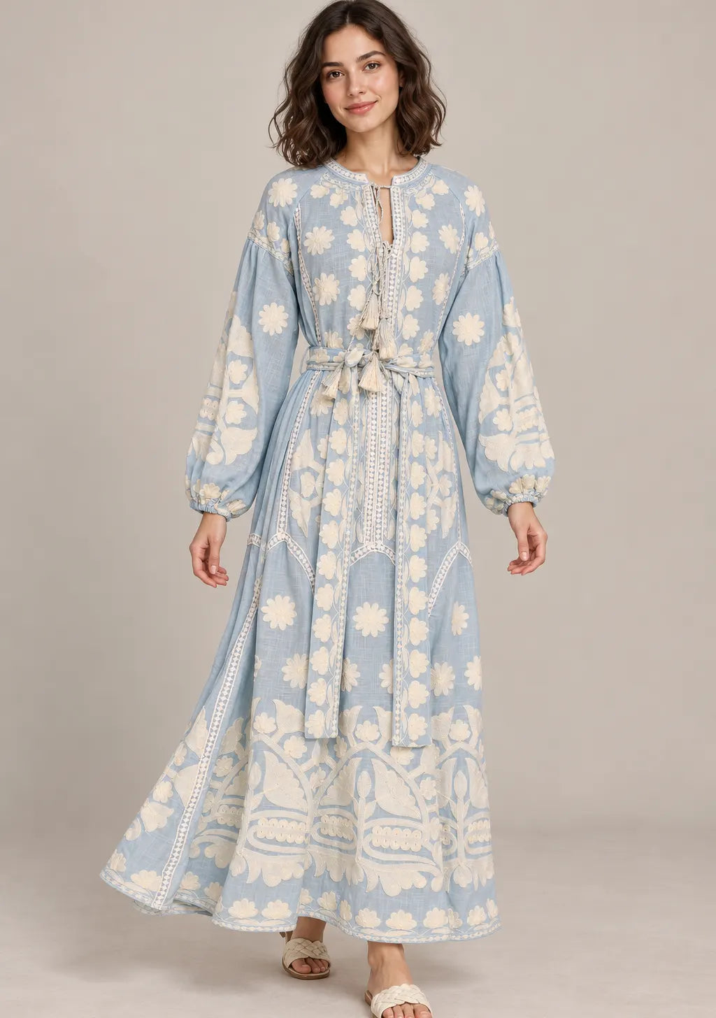 Women’s Cotton Embroidered Floral Long Dress - Ayat