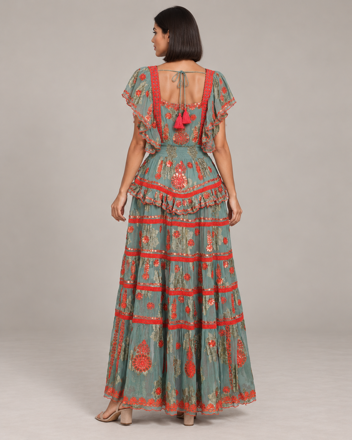 Faiza Maxi Dress with Floral Embroidery & Flutter Sleeves | ibBan