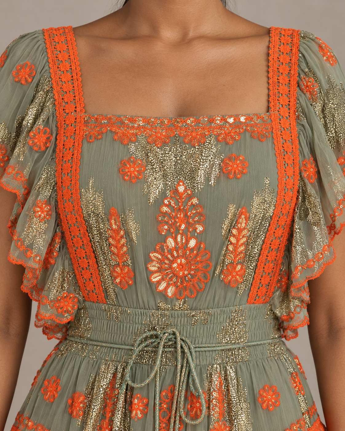 Faiza Maxi Dress with Floral Embroidery & Flutter Sleeves | ibBan